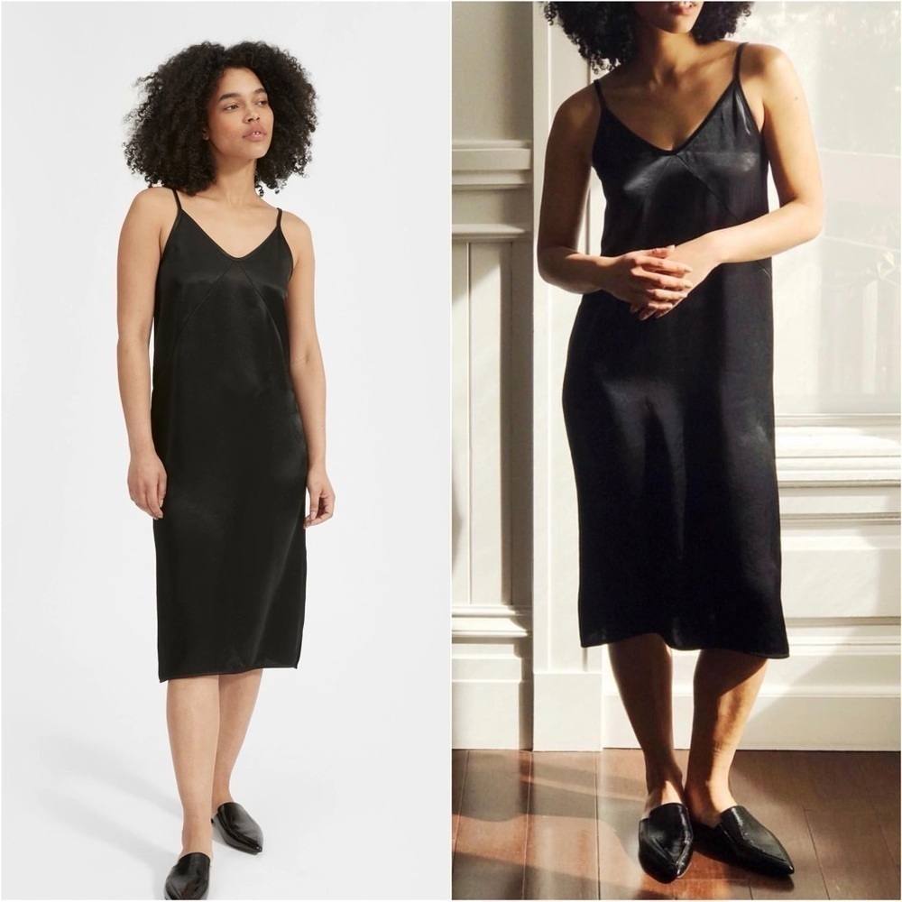 Everlane The Party Slip Dress Midi Side Slit Skinny Straps Minimalist Black 0